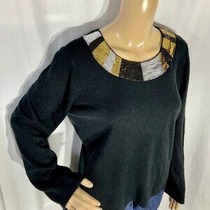 Sz M Black Sweater with Metallic Sequin Collar